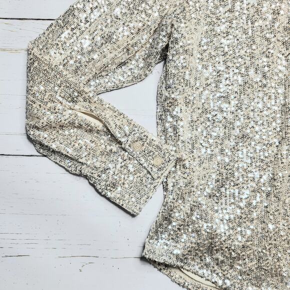 Sanctuary Radiant Long Sleeve Sequin Shirt Button Down Champagne Silver Medium - Picture 5 of 8